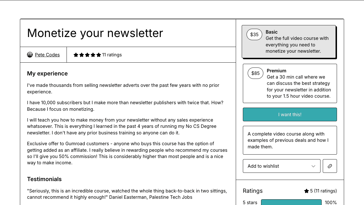 Screenshot of Monetize Your Newsletter